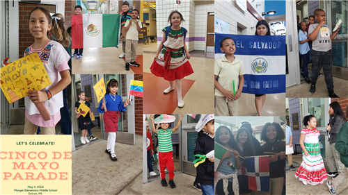 Collage of students carring banners and flags representing their countries and cinco de mayo